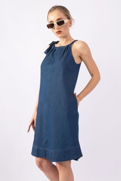 Kadın Etek Ucu Pervazlı Boyundan Bağlamalı Cepli Pamuklu Dokumat Elbise indigo mavi - M