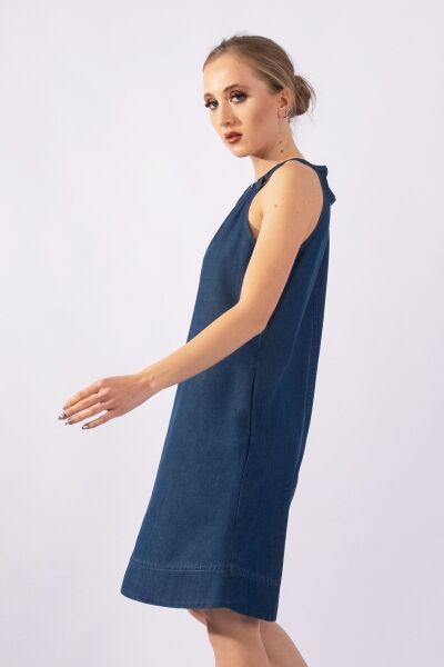 Kadın Etek Ucu Pervazlı Boyundan Bağlamalı Cepli Pamuklu Dokumat Elbise indigo mavi - M