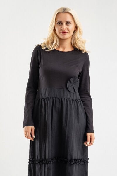 Bold&Young Kadın Cepli Çiçek Desenli Etek Ucu Büzgülü Likralı Pamuklu Elbise Siyah - 3XL