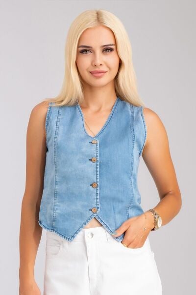 Kadın Bleach Yıkama  Lyocell İnce Denim Kumaş Kot Yelek bleach yıkama - L