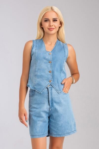 Kadın Bleach Yıkama  Lyocell İnce Denim Kumaş Kot Yelek bleach yıkama - L