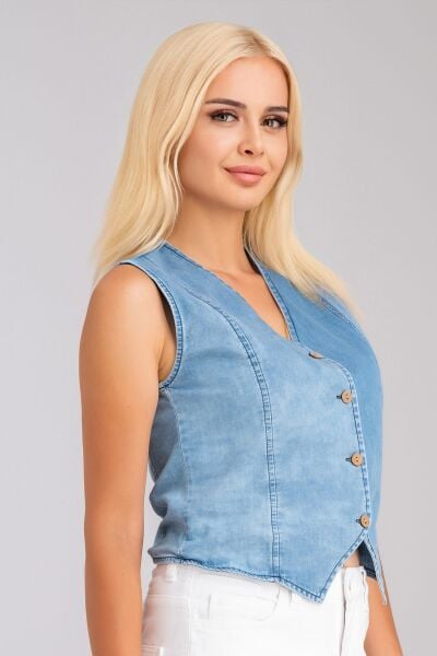 Kadın Bleach Yıkama  Lyocell İnce Denim Kumaş Kot Yelek bleach yıkama - L