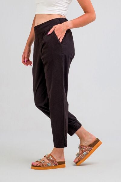 Kadın Siyah Pamuk Power Likralı Beli Lastikli Paça Lastikli Pantolon pamuklu Siyah - XL