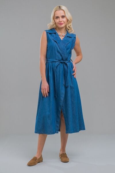 Kruvaze Kuşaklı Yırtmaçlı Maxi Boy Kolsuz Pamuklu Elbise S - indigo koyu mavi