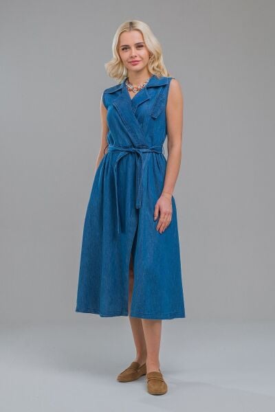 Kruvaze Kuşaklı Yırtmaçlı Maxi Boy Kolsuz Pamuklu Elbise S - indigo koyu mavi