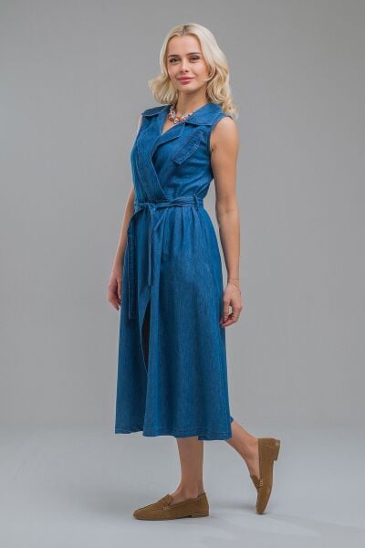 Kruvaze Kuşaklı Yırtmaçlı Maxi Boy Kolsuz Pamuklu Elbise S - indigo koyu mavi