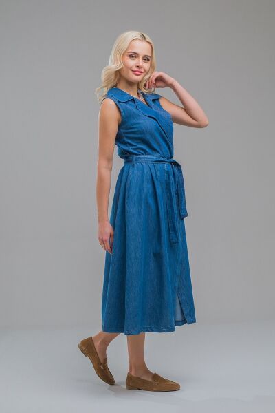 Kruvaze Kuşaklı Yırtmaçlı Maxi Boy Kolsuz Pamuklu Elbise S - indigo koyu mavi