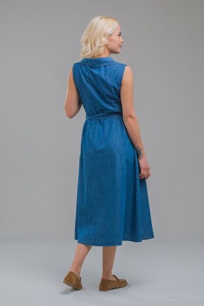 Kruvaze Kuşaklı Yırtmaçlı Maxi Boy Kolsuz Pamuklu Elbise S - indigo koyu mavi