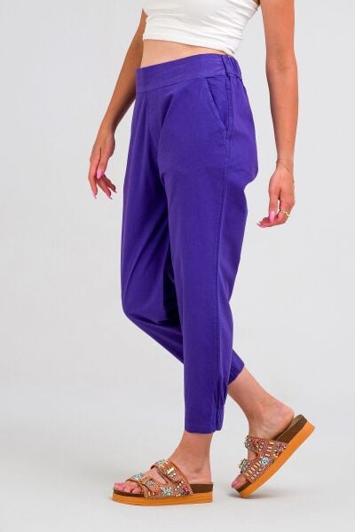 Kadın Siyah Pamuk Power Likralı Beli Lastikli Paça Lastikli Pantolon Mor - L