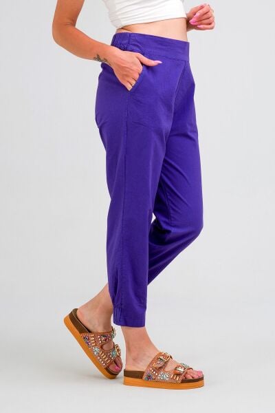 Kadın Siyah Pamuk Power Likralı Beli Lastikli Paça Lastikli Pantolon Mor - L
