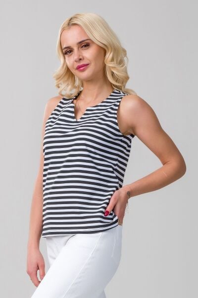 Kadın Çizgili V Yakalı Pamuk Likra Örme Kumaş Atlet XS - Siyah