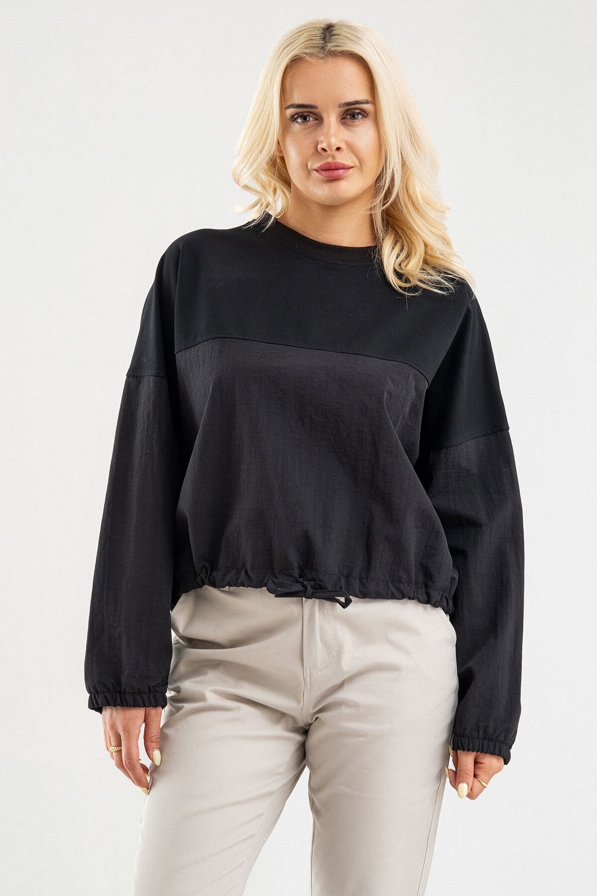Bold Young Kadın Siyah Pamuk Likralı Sweatshirt – Polyamid Kumaş Detaylı Kordunlu 2XL