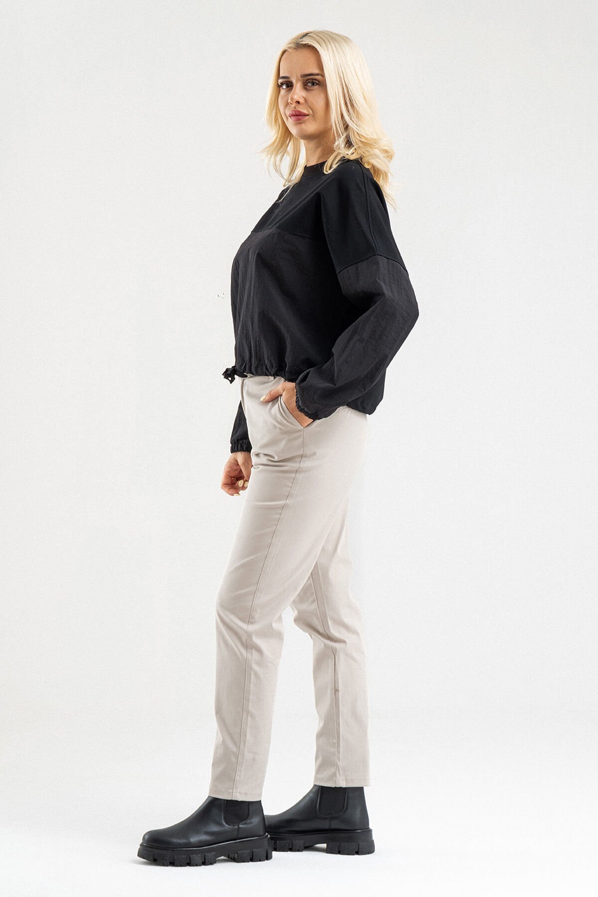 Bold Young Kadın Siyah Pamuk Likralı Sweatshirt – Polyamid Kumaş Detaylı Kordunlu 2XL