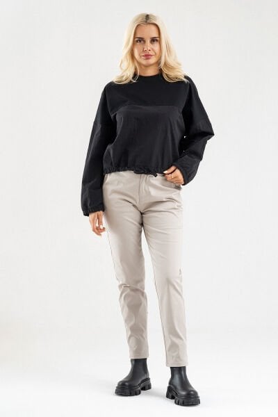 Bold Young Kadın Siyah Pamuk Likralı Sweatshirt – Polyamid Kumaş Detaylı Kordunlu 2XL