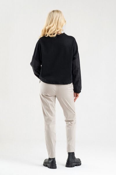 Bold Young Kadın Siyah Pamuk Likralı Sweatshirt – Polyamid Kumaş Detaylı Kordunlu 2XL