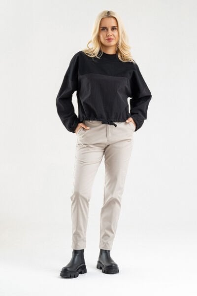 Bold Young Kadın Siyah Pamuk Likralı Sweatshirt – Polyamid Kumaş Detaylı Kordunlu 2XL