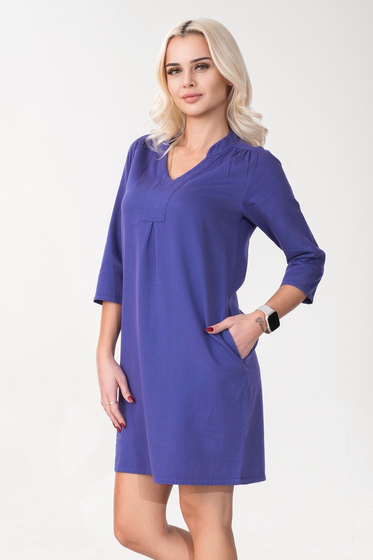 Cepli Yıkanmış Pamuk Likralı Elbise Saks Mavi 3/4 kol - L