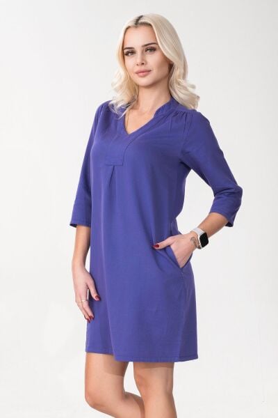 Cepli Yıkanmış Pamuk Likralı Elbise Saks Mavi 3/4 kol - L