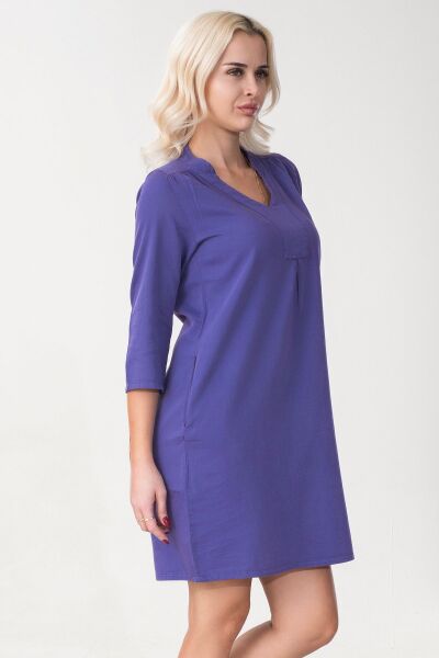 Cepli Yıkanmış Pamuk Likralı Elbise Saks Mavi 3/4 kol - L