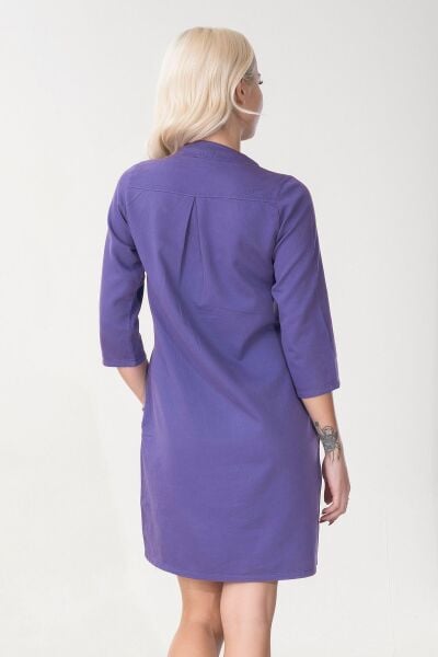 Cepli Yıkanmış Pamuk Likralı Elbise Saks Mavi 3/4 kol - L