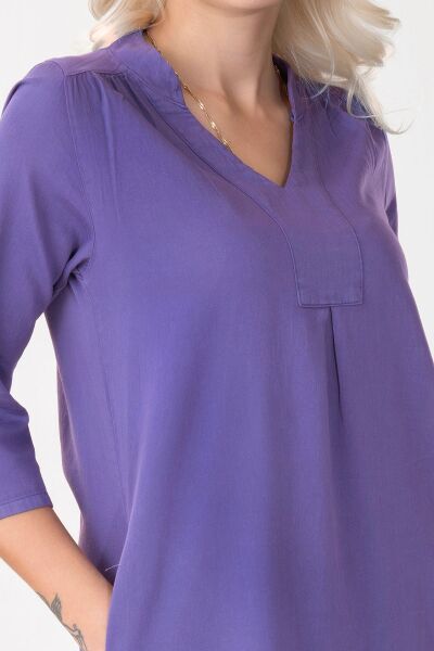 Cepli Yıkanmış Pamuk Likralı Elbise Saks Mavi 3/4 kol - L