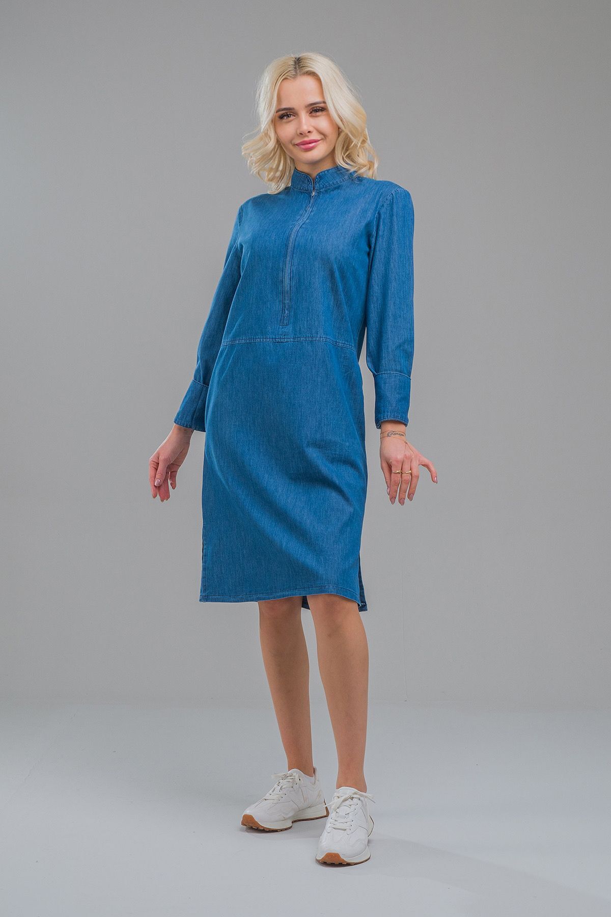 Kadın Indigo  Dik Yaka Fermuarlı Kol Düğmeli Geniş Manşetli Cepli Ince Kot Elbise M - indigo koyu mavi