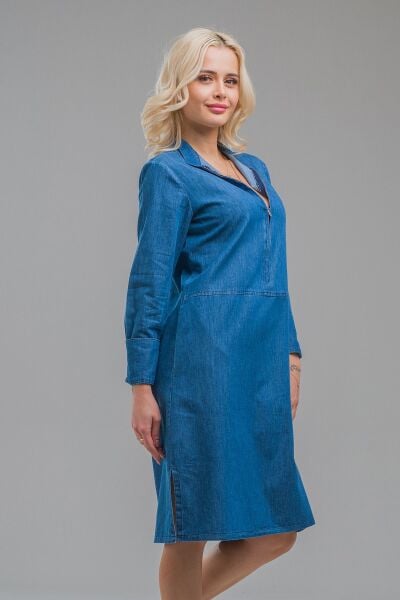 Kadın Indigo  Dik Yaka Fermuarlı Kol Düğmeli Geniş Manşetli Cepli Ince Kot Elbise M - indigo koyu mavi