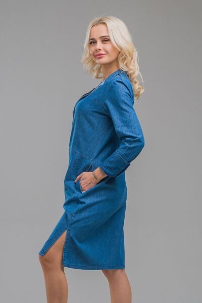 Kadın Indigo  Dik Yaka Fermuarlı Kol Düğmeli Geniş Manşetli Cepli Ince Kot Elbise M - indigo koyu mavi