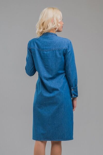 Kadın Indigo  Dik Yaka Fermuarlı Kol Düğmeli Geniş Manşetli Cepli Ince Kot Elbise M - indigo koyu mavi