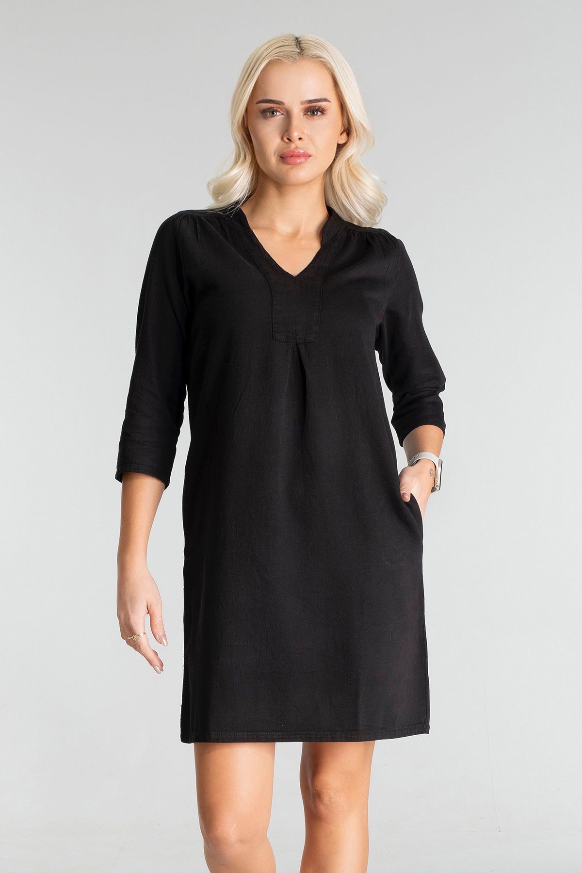 Cepli Yıkanmış Pamuk Likralı Elbise Siyah1 - XS