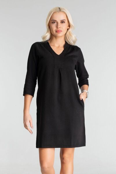 Cepli Yıkanmış Pamuk Likralı Elbise Siyah1 - XS