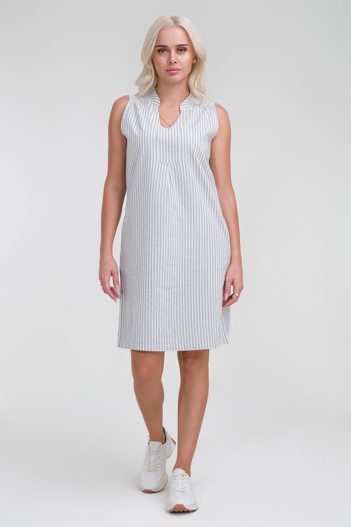 Cepli Yıkanmış Pamuk Likralı Elbise mavi ekru çizgili - 3XL