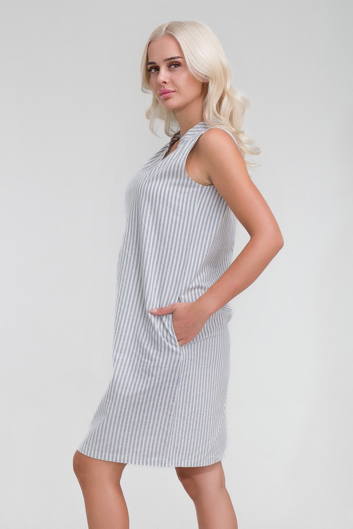 Cepli Yıkanmış Pamuk Likralı Elbise mavi ekru çizgili - 3XL