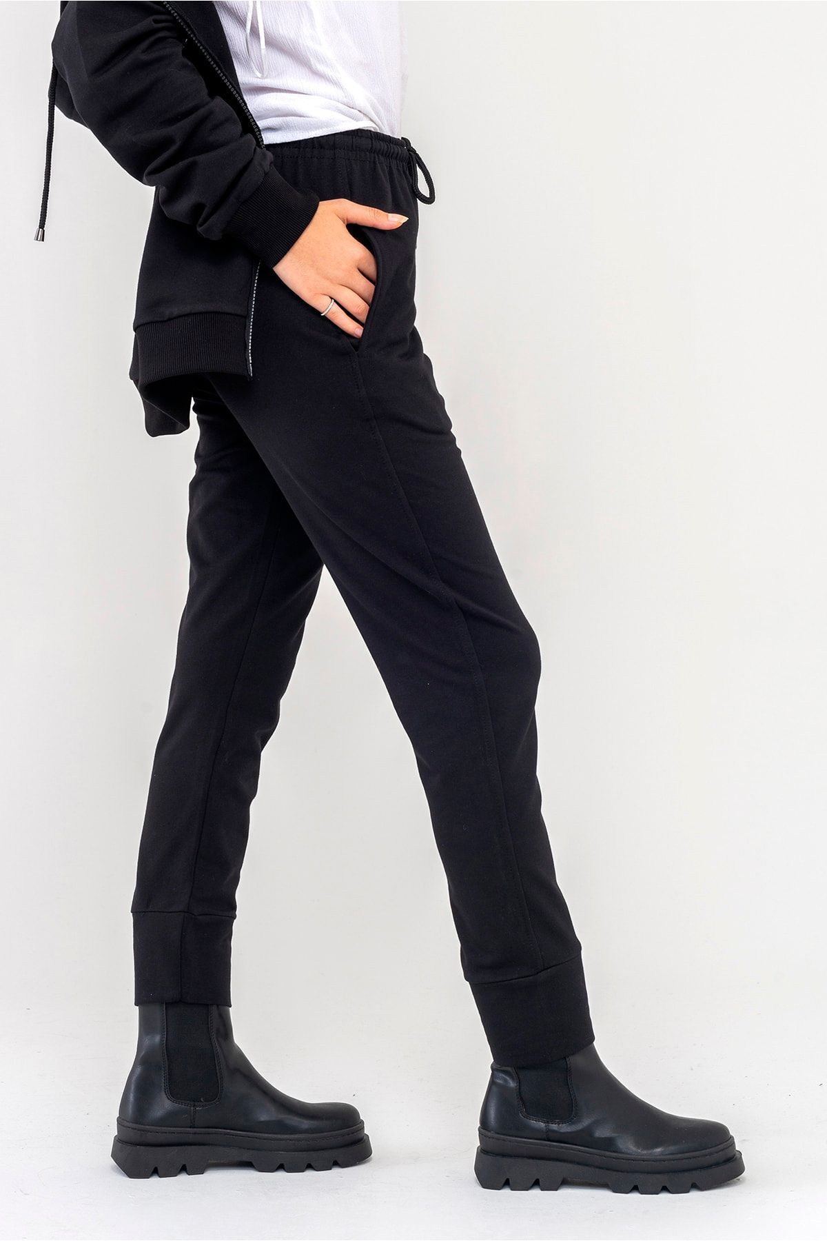 Kadın Penye Pamuk Likralı Paça Manşetli Pantolon L - Siyah