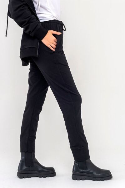 Kadın Penye Pamuk Likralı Paça Manşetli Pantolon L - Siyah