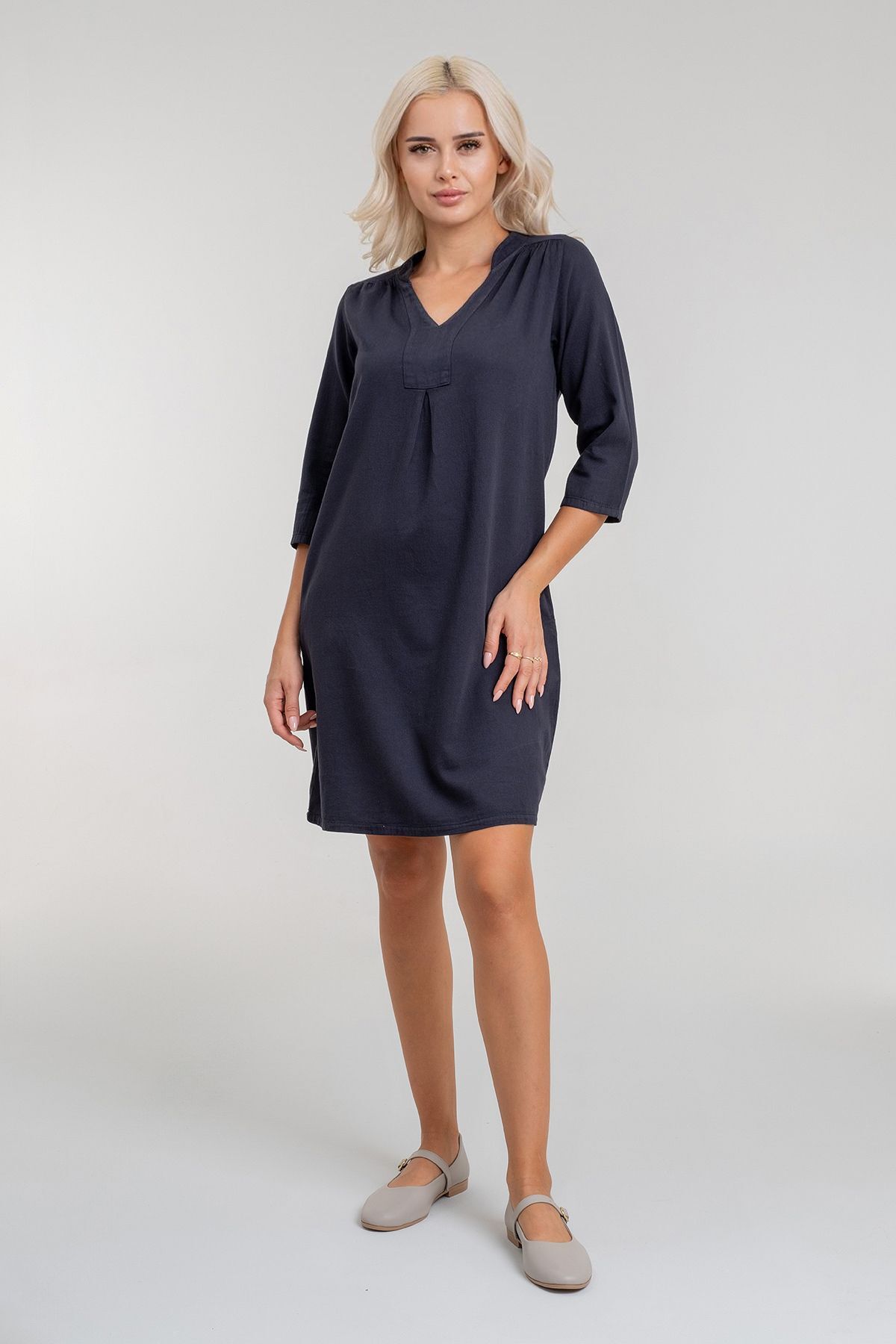 Cepli Yıkanmış Pamuk Likralı Elbise koyu antrasit - M