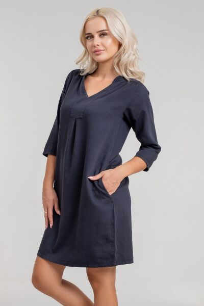 Cepli Yıkanmış Pamuk Likralı Elbise koyu antrasit - M