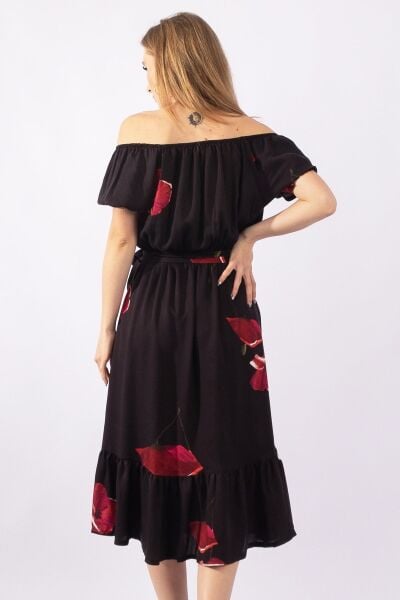 Kadın Siyah Zemin Baskılı Lastikli Yaka Lastikli Kol Kuşaklı dokuma Viskon Cepli Elbise S - ANTRASİT