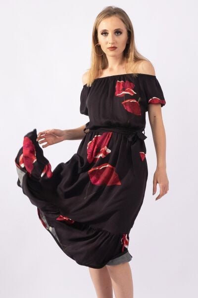 Kadın Siyah Zemin Baskılı Lastikli Yaka Lastikli Kol Kuşaklı dokuma Viskon Cepli Elbise S - ANTRASİT