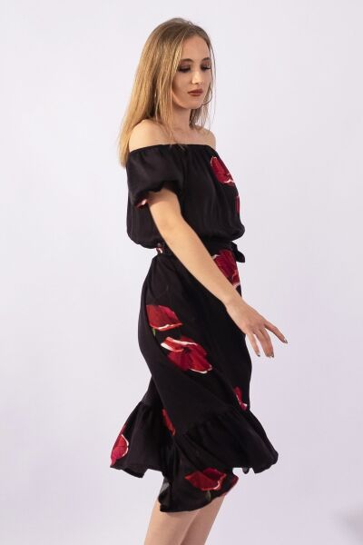 Kadın Siyah Zemin Baskılı Lastikli Yaka Lastikli Kol Kuşaklı dokuma Viskon Cepli Elbise S - ANTRASİT