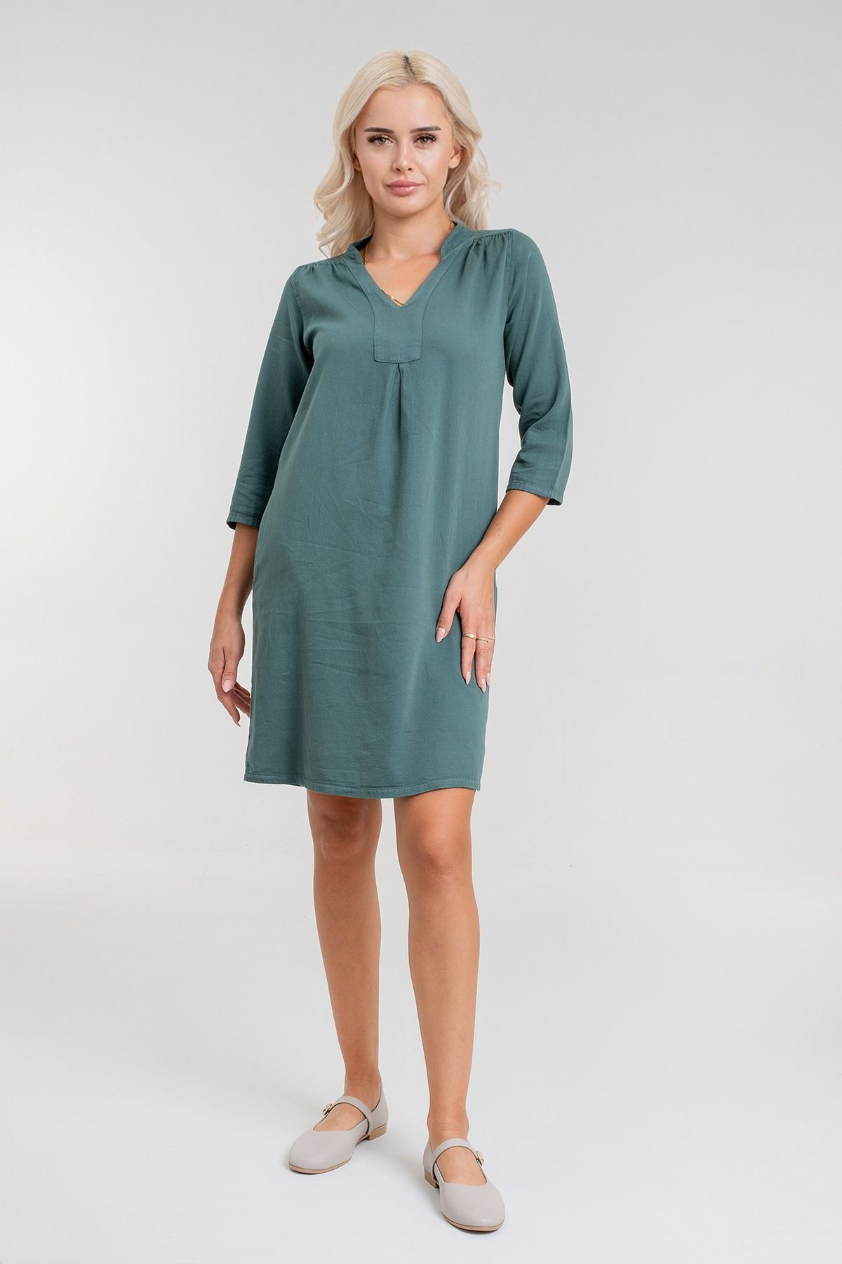 Cepli Yıkanmış Pamuk Likralı Elbise KOYU HAKİ - XL