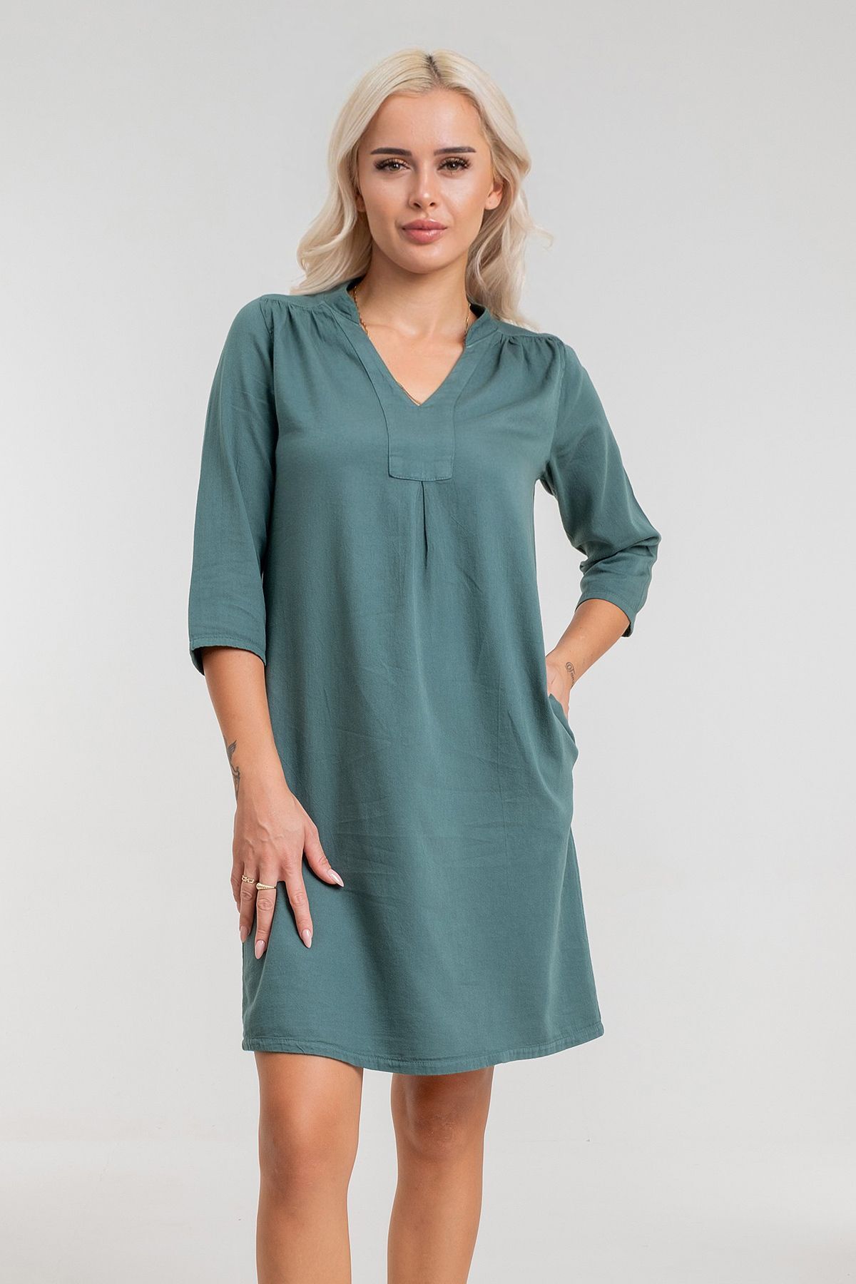 Cepli Yıkanmış Pamuk Likralı Elbise KOYU HAKİ - XL