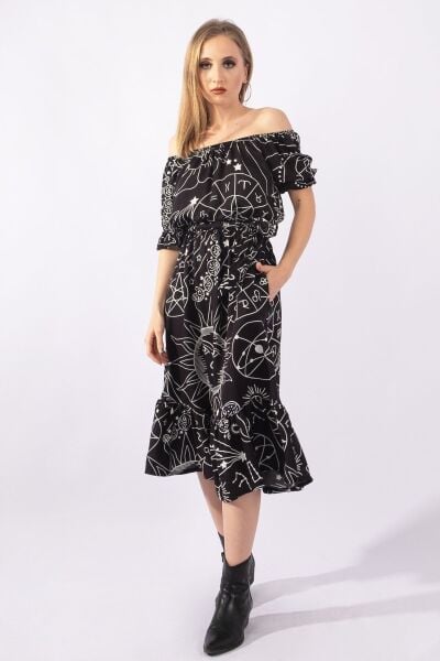 Kadın Siyah Zemin Baskılı Lastikli Yaka Lastikli Kol Kuşaklı dokuma Viskon Cepli Elbise S - Siyah