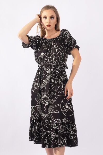 Kadın Siyah Zemin Baskılı Lastikli Yaka Lastikli Kol Kuşaklı dokuma Viskon Cepli Elbise S - Siyah