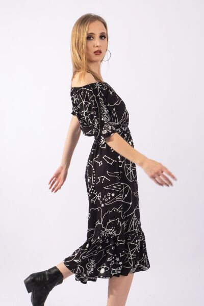 Kadın Siyah Zemin Baskılı Lastikli Yaka Lastikli Kol Kuşaklı dokuma Viskon Cepli Elbise S - Siyah