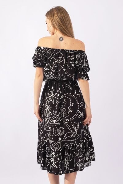 Kadın Siyah Zemin Baskılı Lastikli Yaka Lastikli Kol Kuşaklı dokuma Viskon Cepli Elbise S - Siyah