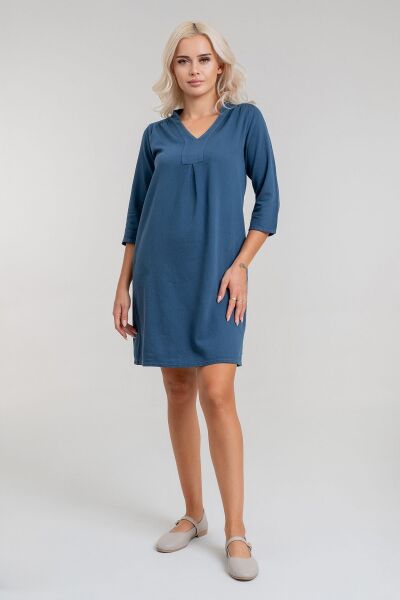 Cepli Yıkanmış Pamuk Likralı Elbise PETROL - XL