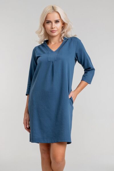 Cepli Yıkanmış Pamuk Likralı Elbise PETROL - XL