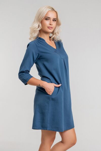 Cepli Yıkanmış Pamuk Likralı Elbise PETROL - XL
