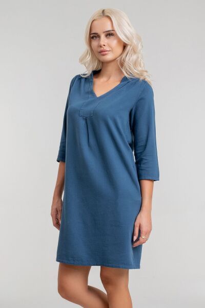 Cepli Yıkanmış Pamuk Likralı Elbise PETROL - XL